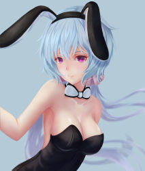 Rule 34 | 1girl, animal ears, bare shoulders, blue hair, blush, bow, bowtie, breasts, cleavage, closed mouth, collarbone, eyebrows, fake animal ears, faker (pili524), hairband, highres, large breasts, leotard, long hair, looking at viewer, pink eyes, playboy bunny, rabbit ears, senki zesshou symphogear, solo, upper body, white bow, white bowtie, yukine chris