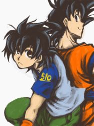 Rule 34 | 2boys, black eyes, black hair, blue shirt, brown eyes, dragon ball, dragonball z, expressionless, father and son, green pants, happy, hotate (suikaneko), looking back, male focus, multiple boys, number pun, aged up, pants, profile, shirt, short hair, simple background, smile, son goku, son goten, spiked hair, white background, wristband