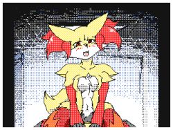 Rule 34 | 1boy, 1girl, animal ears, animated, animated gif, artist request, blush, border, breasts, delphox, erection, fangs, fox ears, fox tail, furry, gen 6 pokemon, girl on top, hetero, looking at viewer, lowres, medium breasts, navel, open mouth, penis, pokemon, pokemon (creature), pokemon xy, pov, pussy, red eyes, sex, simple background, smile, spread legs, straddling, tail, teeth, uncensored, vaginal, white border