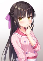 Rule 34 | 1girl, black hair, blush, bow, breasts, cafe stella to shinigami no chou, collar, eyebrows hidden by hair, finger to mouth, fingernails, gradient background, gyaoo yuzu soft, hair between eyes, hair bow, hand up, highres, large breasts, long hair, long sleeves, looking at viewer, mole, mole under eye, open mouth, pink shirt, pinstripe pattern, pinstripe shirt, plaid collar, purple bow, raised eyebrows, red collar, shiki natsume, shirt, sidelocks, simple background, solo, standing, straight hair, striped, waitress, yellow eyes, yuzu-soft