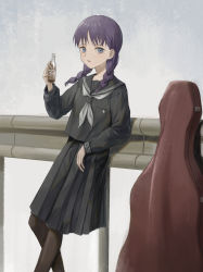 Rule 34 | 1girl, absurdres, against railing, black pantyhose, black sailor collar, black serafuku, black shirt, black skirt, blue eyes, braid, cello case, commentary, drink, feet out of frame, flcl, grey background, hand up, highres, holding, holding drink, against railing, long hair, long sleeves, looking at viewer, ninamori eri, pantyhose, parted lips, pleated skirt, purple hair, railing, sailor collar, school uniform, serafuku, shirt, skirt, solo, subfiction, twin braids