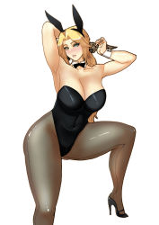 Rule 34 | 1girl, animal ears, arm up, armpits, arms up, bare shoulders, black pantyhose, blonde hair, blue eyes, blush, bow, bowtie, breasts, butcherboy, cleavage, collarbone, covered navel, curvy, dead or alive, detached collar, eyelashes, fake animal ears, female focus, hair ribbon, helena douglas, high heels, large breasts, leg lift, legs, leotard, lips, long hair, pantyhose, playboy bunny, ponytail, rabbit ears, ribbon, see-through, see-through legwear, shoes, simple background, solo, stiletto heels, tecmo, thick thighs, thighs, white background, wrist cuffs