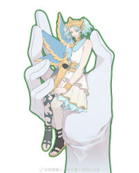 Rule 34 | 2girls, asymmetrical wings, black footwear, blue hair, blue sash, blue scarf, blue wings, bracelet, chinese commentary, commentary request, diadem, dress, final fantasy, final fantasy xiv, from above, full body, gauntlets, gloves, green outline, highres, in palm, jewelry, layered dress, llymlaen, looking at viewer, menphina, multiple girls, outline, sandals, sash, scarf, short hair, short twintails, simple background, single gauntlet, sitting, size difference, sleeveless, sleeveless dress, smile, solo focus, twintails, weibo logo, weibo watermark, white background, white dress, white gloves, wings, wo dou gao shi&#039;er shennu