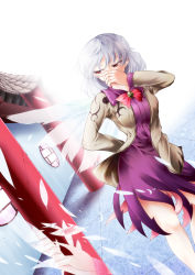 Rule 34 | 0-den, 1girl, absurdres, architecture, arm behind back, bow, breasts, brooch, brown jacket, colored eyelashes, covering own mouth, crack, dress, east asian architecture, feathered wings, feathers, fingernails, hand to own mouth, highres, hip focus, jacket, jewelry, kishin sagume, knees, legs, long sleeves, looking to the side, perspective, pillar, purple dress, red eyes, round window, short dress, short hair, silver hair, single wing, solo, standing, stone walkway, thighs, touhou, white background, white wings, window, wings, zoom layer