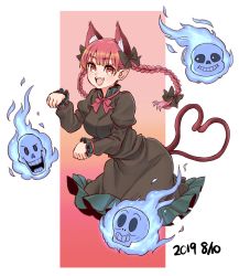Rule 34 | 1girl, :d, animal ear fluff, animal ears, blush, braid, breasts, cat ears, cat tail, crossover, dress, green dress, highres, hitodama, kaenbyou rin, multiple tails, natsushiro, nekomata, open mouth, papyrus (undertale), paw pose, red eyes, red hair, sans (undertale), skull, smile, solo, tail, touhou, twin braids, twintails, two tails, undertale