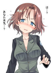Rule 34 | 1girl, azumi (girls und panzer), black jacket, blue eyes, blush, breasts, brown hair, cleavage, commentary request, constricted pupils, emblem, frown, girls und panzer, head tilt, highres, jacket, long sleeves, looking at viewer, medium breasts, miyao ryuu, no shirt, open mouth, parted bangs, partial commentary, selection university (emblem), selection university military uniform, short hair, simple background, solo, standing, sweatdrop, translated, upper body, v-shaped eyebrows, white background