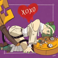 Rule 34 | a.b.a, bandages, blush, erection, finger to cheek, green eyes, green hair, green nails, guilty gear, guilty gear strive, heart, high heels, highres, key, paracelsus (guilty gear), skirt, stitched mouth, stitches, yukadon