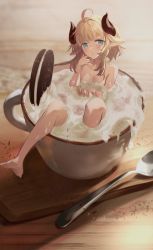 Rule 34 | 1girl, ahoge, animal ears, barefoot, bathing, blonde hair, blue eyes, blush, breasts, coffee, collarbone, completely nude, cup, finger to mouth, full body, highres, horns, in container, in cup, long hair, looking at viewer, mini person, minigirl, nude, oreo, original, sidelocks, sitting, small breasts, solo, spoon, thick eyebrows, timo wei95, tray