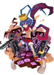 Rule 34 | 1boy, antenna hair, belt, blue hair, bracelet, crown, demon boy, disgaea, disgaea rpg, full body, hair between eyes, holding, holding weapon, jewelry, laharl, male focus, navel, official art, pointy ears, red eyes, red scarf, scarf, shorts, smile, solo, teeth, topless male, transparent background, weapon
