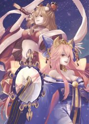 Rule 34 | 2girls, animal ear fluff, animal ears, artist request, blue dress, breasts, cleavage, commentary request, dress, fate/grand order, fate (series), fox ears, fox tail, gold trim, highres, holding, holding sword, holding weapon, japanese clothes, katana, large breasts, long hair, multiple girls, navel, night, official alternate costume, open mouth, orange hair, pink hair, sky, smile, star (sky), starry sky, suzuka gozen (fate), suzuka gozen (third ascension) (fate), sword, tail, tamamo (fate), tamamo no mae (fate/extra), tamamo no mae (third ascension) (fate), very long hair, weapon, yellow eyes