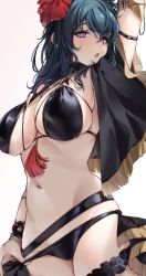 Rule 34 | 1girl, :o, absurdres, adjusting clothes, adjusting swimsuit, arm strap, arm up, bikini, black bikini, blue hair, blush, breasts, bridal garter, byleth (female) (fire emblem), byleth (female) (summer) (fire emblem), byleth (fire emblem), capelet, choker, cleavage, covered erect nipples, duplicate, fire emblem, fire emblem: three houses, fire emblem heroes, flower, hair between eyes, hair flower, hair ornament, highres, jewelry, kilalesi, large breasts, looking at viewer, medium hair, midriff, navel, necklace, nintendo, official alternate costume, open mouth, sideboob, skindentation, solo, swimsuit, tassel