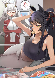Rule 34 | 2girls, absurdres, ahoge, anger vein, animal ears, arm up, armpits, bare shoulders, biwa hayahide (umamusume), black hair, black tank top, breasts, calendar (object), chips (food), cleavage, commentary request, crossed arms, ear ornament, food, food in mouth, grey hair, grey pants, hair between eyes, highres, horse ears, horse girl, horse tail, jacket, jitome no tsugumi, large breasts, long hair, lying, magazine (object), midriff, multiple girls, narita brian (umamusume), navel, on side, open mouth, pants, ponytail, potato chips, red jacket, red pants, rope, semi-rimless eyewear, shimenawa, spoken anger vein, sweatpants, tail, tank top, teeth, tracen training uniform, track jacket, track pants, umamusume, upper teeth only, very long hair, yellow eyes