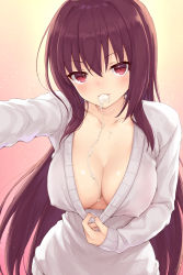 Rule 34 | 1girl, blush, breasts, candy, chocolate, chocolate heart, chocolate on body, chocolate on breasts, cleavage, clothes pull, collarbone, covered erect nipples, downblouse, dripping, eyelashes, fate/grand order, fate (series), food, food in mouth, food on body, hair between eyes, heart, highres, large breasts, light particles, long hair, long sleeves, looking at viewer, mashuu (neko no oyashiro), melting, mouth hold, no bra, outstretched arm, pulled by self, purple hair, red background, red eyes, scathach (fate), shiny skin, solo, sweater, sweater pull, sweater vest, upper body, very long hair, white chocolate, yellow background
