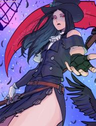 Rule 34 | 1boy, androgynous, ascot, asymmetrical gloves, asymmetrical sleeves, belt, bird, black hair, cage, commentary, crow, fingerless gloves, gloves, guilty gear, guilty gear strive, hat, highres, long hair, mismatched gloves, reaching, reaching towards viewer, red eyes, scythe, skirt, testament (guilty gear), top hat, trap, twitter username, wallace pires