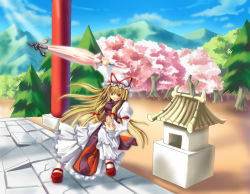 Rule 34 | 1girl, blonde hair, cherry blossoms, cloud, day, female focus, forest, frills, hat, long hair, nature, pine tree, sky, solo, torii, touhou, tree, umbrella, wide sleeves, yakumo yukari