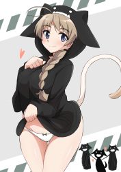 Rule 34 | 1girl, absurdres, ahoge, animal ears, black hoodie, blue eyes, bow, bow panties, braid, brown hair, cat ears, cat tail, closed mouth, clothes lift, cowboy shot, crotch seam, hair over shoulder, hair tie, heart, highres, hood, hood up, hoodie, hoodie lift, long hair, long sleeves, looking at viewer, lynette bishop, miyafuji yoshika, no pants, panties, silhouette demon, single braid, smile, solo, standing, strike witches, tail, thigh gap, tricky 46, underwear, white panties, world witches series