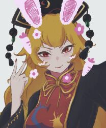 Rule 34 | 1girl, animal ears, black dress, blonde hair, breasts, carrot, chinese clothes, ciu rua, crescent, dress, flower, highres, junko (touhou), long hair, looking at viewer, medium breasts, phoenix crown, pom pom (clothes), rabbit ears, red eyes, red nails, smile, solo, tabard, touhou, upper body, v, white background