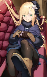 Rule 34 | 1girl, :p, amagasa yun, ankle boots, black hat, black pantyhose, blonde hair, boots, brown footwear, brown gloves, capelet, closed mouth, commentary request, couch, fate (series), flower, fur-trimmed sleeves, fur collar, fur trim, gift, gloves, green eyes, hair flower, hair ornament, hat, highres, holding, holding gift, indoors, leg up, long hair, long sleeves, looking at viewer, lord el-melloi ii case files, lying, mini hat, on back, on couch, pantyhose, purple capelet, reines el-melloi archisorte, smile, solo, tongue, tongue out, valentine, very long hair, white flower