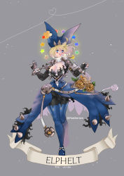 Rule 34 | 1girl, alternate color, alternate eye color, alternate hair color, black pantyhose, blonde hair, blue dress, blue eyes, blue footwear, boots, bouquet, bracelet, breasts, character name, cleavage, collar, commission, dress, elphelt valentine, featherism (yuna), fingerless gloves, flower, full body, gloves, guilty gear, guilty gear xrd, highres, jewelry, large breasts, pantyhose, rose, short hair, solo, spiked bracelet, spiked collar, spikes, spoilers, thigh boots, thighhighs