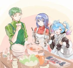Rule 34 | 1boy, 2girls, alternate costume, apron, blue eyes, blue hair, caeda (fire emblem), closed mouth, closed eyes, fire emblem, fire emblem: mystery of the emblem, fire emblem: path of radiance, fire emblem fates, fire emblem heroes, gem, green hair, hair over one eye, highres, holding, holding knife, hukashin, knife, ladle, long hair, long sleeves, maid, multicolored hair, multiple girls, nintendo, open mouth, oscar (fire emblem), peri (fire emblem), pink hair, plate, short hair, smile, twintails