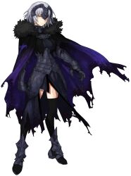 Rule 34 | 1girl, absurdres, armor, armored boots, armored dress, black armor, black dress, black thighhighs, boots, cape, chain, closed mouth, dress, expressionless, fate/samurai remnant, fate (series), full body, fur-trimmed cape, fur trim, gauntlets, grey hair, half-closed eyes, highres, jeanne d&#039;arc alter (avenger) (fate), jeanne d&#039;arc alter (fate), looking at viewer, official art, plackart, purple cape, short hair, simple background, solo, thighhighs, torn cape, torn clothes, transparent background, wataru rei, white background, yellow eyes