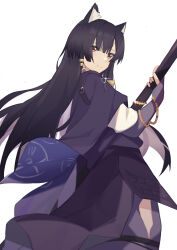 Rule 34 | 1girl, absurdres, animal ear fluff, animal ears, arknights, black gloves, black hair, black kimono, closed mouth, cowboy shot, dog ears, elbow gloves, from behind, gloves, highres, hip vent, holding, holding weapon, japanese clothes, kimono, long hair, looking at viewer, looking back, red eyes, saga (arknights), simple background, smile, solo, twilight (cgkk4357), very long hair, weapon, white background