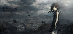 Rule 34 | 1girl, bad id, bad pixiv id, black dress, black hair, building, city, cityscape, cloud, cloudy sky, dress, hill, looking at viewer, open mouth, original, scenery, seafh, short hair, sky, solo, yellow eyes