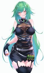 Rule 34 | 1girl, absurdres, bare shoulders, black gloves, black shirt, black skirt, black thighhighs, blush, breasts, brown eyes, commentary request, cup, drinking glass, garter straps, gloves, green hair, grin, hair between eyes, hair ornament, hairclip, highres, holding, holding cup, kitakoji hisui, kitakoji hisui (2nd costume), large breasts, long hair, looking at viewer, nijisanji, official alternate costume, shirt, simple background, skirt, sleeveless, sleeveless shirt, smile, solo, thighhighs, vial, virtual youtuber, white background, yuki maccha (yukimattya10)