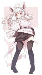 Rule 34 | 1girl, ahoge, animal, animal ear fluff, animal ears, animal hug, bag, black dress, black thighhighs, blush, brown eyes, closed mouth, commission, copyright request, daidai ookami, dress, full body, hair ornament, hairclip, highres, jacket, long hair, long sleeves, looking at viewer, no shoes, open clothes, open jacket, puffy long sleeves, puffy sleeves, shoulder bag, skeb commission, sleeves past wrists, smile, solo, standing, tail, thighhighs, very long hair, white hair, white jacket