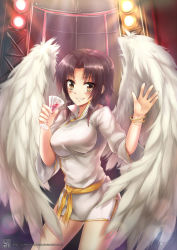 Rule 34 | 1girl, angel wings, belt, black hair, blush, borrowed character, bracelet, breasts, brown eyes, commission, cup, dress, drinking glass, jewelry, looking at viewer, luzi, original, short hair, sidelocks, smile, solo, stage lights, white dress, white wings, wine glass, wings