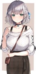 Rule 34 | 1girl, ahoge, alternate costume, bag, between breasts, black ribbon, blue bow, blunt bangs, blush, border, bow, braid, breasts, casual, choker, french braid, green eyes, hair bow, hair ribbon, highres, holding strap, hololive, large breasts, off-shoulder sweater, off shoulder, parted lips, plaid, plaid skirt, ribbon, shirogane noel, shirogane noel (casual), sidelocks, silver hair, simple background, skirt, snowflake choker, solo, sweater, virtual youtuber, warayanuko, white border, white sweater
