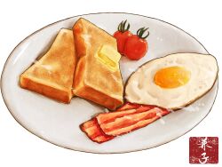 Rule 34 | absurdres, bacon, bread, bread slice, butter, egg, food, food focus, fried egg, fruit, highres, kaneko ryou, no humans, original, plate, still life, toast, white background