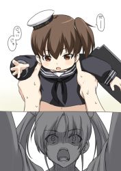 Rule 34 | 10s, 2girls, baby, brown eyes, brown hair, clothes writing, commentary request, hat, holding, japan maritime self-defense force, japan self-defense force, kaga (jmsdf), kaga (kancolle), kantai collection, long sleeves, makishima azusa, military, multiple girls, navel, neckerchief, open mouth, ponytail, school uniform, serafuku, shaded face, short hair, side ponytail, simple background, sweat, translation request, twintails, aged down, zuikaku (kancolle)