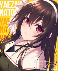Rule 34 | .live, 1girl, black neckwear, blush, bow, brown hair, closed mouth, commentary, dated, fukai ryosuke, green shirt, hair between eyes, hair bow, hairband, happy birthday, highres, long hair, long sleeves, looking at viewer, red eyes, shirt, simple background, smile, solo, upper body, virtual youtuber, white bow, yaezawa natori, yellow background