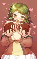Rule 34 | 1girl, animal ears, averting eyes, bare shoulders, blush, breasts, chocolate, chocolate covered, clothes pull, gradient background, green eyes, green hair, heart, highres, kasodani kyouko, large breasts, matching hair/eyes, open mouth, own hands together, sakimori dan, shirt pull, short hair, skirt, solo, touhou, valentine