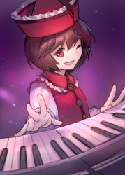 Rule 34 | 1girl, ainy, bad id, bad pixiv id, brown hair, instrument, keyboard (instrument), long sleeves, looking at viewer, lyrica prismriver, music, one eye closed, open mouth, playing instrument, purple background, red eyes, short hair, simple background, sketch, smile, solo, touhou