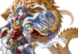 Rule 34 | 1girl, blue hair, character request, chinese clothes, dragon, earrings, eastern dragon, facial mark, forehead mark, jewelry, long hair, looking at viewer, necklace, orb, pointy ears, ran&#039;ou (tamago no kimi), red eyes, shinrabanshou, white background, wide sleeves