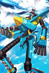 Rule 34 | 1boy, aircraft, aviator (mighty no. 9), black skin, blue skin, blue sky, body writing, colored skin, commentary request, day, flying, gatling gun, helicopter, highres, humanoid robot, looking at viewer, mighty no. 9, missile, propeller, robot, seal impression, sky, solo, takenokonoko, v-shaped eyes, yellow eyes