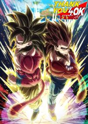 2boys absurdres aura back-to-back black_hair blue_pants body_fur brown_hair commentary_request crossed_arms dragon_ball dragon_ball_gt english_text full_body green_eyes highres long_hair looking_at_viewer male_focus milestone_celebration mocky_art monkey_tail multiple_boys muscular muscular_male pants red_fur son_goku standing super_saiyan super_saiyan_4 tail topless_male vegeta yellow_eyes yellow_pants