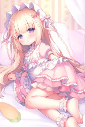Rule 34 | 1girl, :o, apron, barefoot, blonde hair, blush, braid, commentary request, commission, curtains, frilled apron, frilled skirt, frills, highres, layered skirt, long hair, looking at viewer, lying, on side, original, parted lips, pillow, pink shirt, pink skirt, pixiv commission, pleated skirt, puffy short sleeves, puffy sleeves, purple eyes, shirt, short sleeves, skirt, soles, solo, twin braids, usashiro mani, very long hair, white apron, wrist cuffs