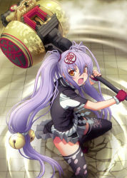Rule 34 | 1girl, bell, female focus, fingerless gloves, from above, gloves, hair bell, hair ornament, hammer, huge weapon, hyakka ryouran samurai girls, jingle bell, long hair, looking at viewer, low-tied long hair, naoe kanetsugu (hyakka ryouran), nishii (damnedrive), official art, open mouth, purple hair, robe, rope, school uniform, shide, shimenawa, skirt, solo, thighhighs, torii, twintails, very long hair, weapon, yellow eyes