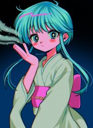 Rule 34 | 1girl, blowing, blue eyes, blue hair, blush stickers, cryokinesis, eyelashes, fingernails, gradient background, highres, japanese clothes, jigoku sensei nube, kimono, long sleeves, looking at viewer, menma (enaic31), parted lips, short hair with long locks, solo, twitter username, white kimono, wide sleeves, yukime (jigoku sensei nube)