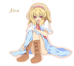Rule 34 | 1girl, adjusting clothes, alice margatroid, angry, blonde hair, blush, boots, brown footwear, capelet, character name, ascot, female focus, hairband, outline, red eyes, shino (eefy), sitting, solo, touhou