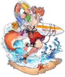 Rule 34 | 1boy, abs, animal ears, anklet, artist request, barefoot, beach, belt, body markings, bottle, bracelet, braid, brown belt, copyright name, ein (mahjong soul), facial mark, fox ears, fox tail, game cg, highres, jewelry, looking at viewer, mahjong soul, male focus, multiple bracelets, multiple necklaces, official art, open mouth, orange hair, red shorts, shorts, simple background, smile, solo, starfish, surfboard, tail, third-party source, toned, toned male, transparent background, water, water bottle, waves, yellow eyes