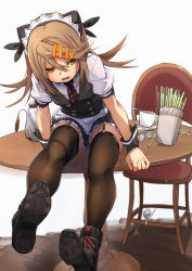 Rule 34 | 1girl, alternate costume, apron, black footwear, black thighhighs, black vest, blush, boots, brown eyes, brown hair, buttons, chair, checkered clothes, checkered necktie, checkered neckwear, cup, desk, double-breasted, enmaided, fang, fine fabric emphasis, frills, fu-ta, garter straps, hair ornament, hairclip, highres, leaning forward, long hair, looking away, maid, maid apron, maid headdress, miniskirt, motion blur, necktie, on desk, open mouth, original, ponytail, sitting, on desk, skirt, solo, sweat, table, thighhighs, twintails, usami taiga, vest, wooden floor, wrist cuffs