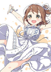 Rule 34 | :d, armpits, bare shoulders, blue ribbon, blush, breasts, brown eyes, brown hair, character name, dress, feet out of frame, hand out of frame, idolmaster, idolmaster million live!, idolmaster million live! theater days, kasuga mirai, kuresuku (lessons), lace, lace-trimmed dress, lace trim, medium hair, official alternate costume, open hand, open mouth, outstretched arms, petticoat, pure onepiece (idolmaster), ribbon, side ponytail, sidelocks, simple background, sleeveless, small breasts, smile, spread arms, waist ribbon, white background, white dress, white ribbon