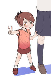 Rule 34 | 2girls, absurdres, aged down, alternate costume, brown eyes, brown hair, gradient shirt, highres, kantai collection, loafers, looking at viewer, multiple girls, orange shirt, ponytail, shikinami (kancolle), shirt, shoes, short hair, simple background, socks, solo focus, standing, t-shirt, v, white background, white socks, yonemiya inaho