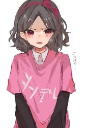 Rule 34 | 1girl, absurdres, ame48627, blush, bow hairband, ebizuka tomo, girls band cry, grey hair, hairband, heart, highres, layered sleeves, long sleeves, medium hair, open mouth, pink hairband, pink shirt, red eyes, shirt, short over long sleeves, short sleeves, simple background, solo, sweatdrop, translation request, upper body, white background