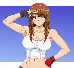 Rule 34 | 1girl, blue eyes, blush, breasts, brown hair, cleavage, crop top, dead or alive, fingerless gloves, gloves, hairband, hand on own hip, hitomi (doa), large breasts, long hair, makani kohitujito, midriff, muscular, navel, salute, smile, solo, tecmo, toned, v