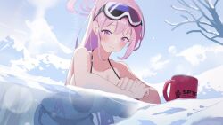 Rule 34 | 1girl, bikini, black bikini, blue archive, blush, breasts, chikoku, cup, eimi (swimsuit) (blue archive), goggles, goggles on head, halo, highres, large breasts, leaning forward, long hair, looking at viewer, mug, official alternate costume, outdoors, partially submerged, partially underwater shot, pink eyes, pink hair, side-tie bikini bottom, ski goggles, smile, snow, solo, string bikini, swimsuit, underwater, very long hair, water